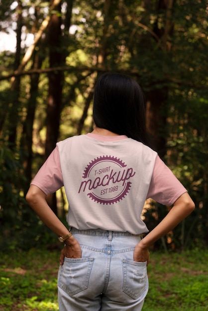 Vrouw met shirtmodel buiten in de natuur