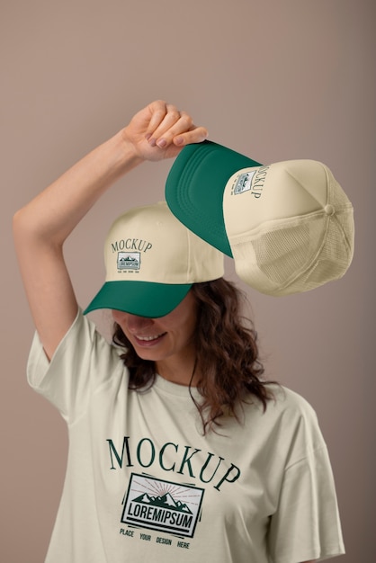 Vrouw met t-shirt en pet mockup