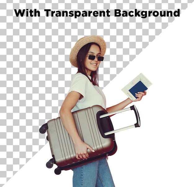 Vrouw met trolleybag en reisende documenten in de hand PNG PSD geïsoleerd op doorzichtige achtergrond