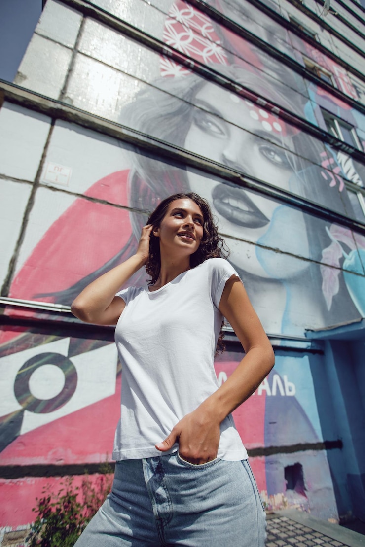 PSD vrouw poseert voor een levendige straatmuurschildering