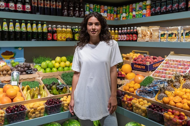 Vrouw staat in een kleurrijke supermarkt omringd door verse producten