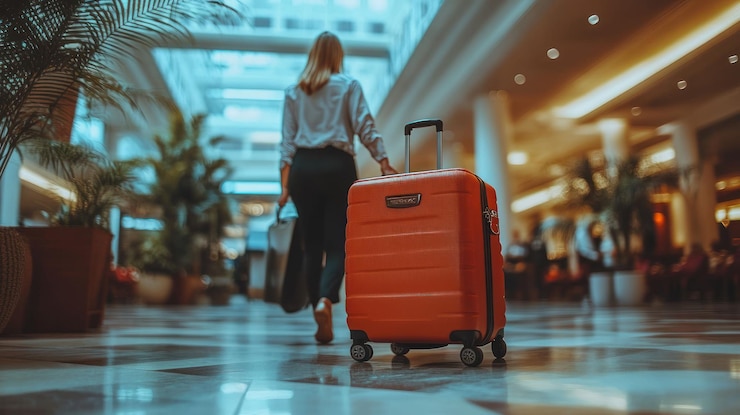 PSD vrouw trekt bagage in een moderne luchthaventerminal