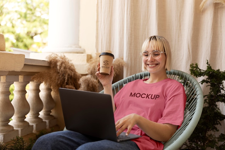 PSD vrouw werkt alleen thuis met laptopmodel