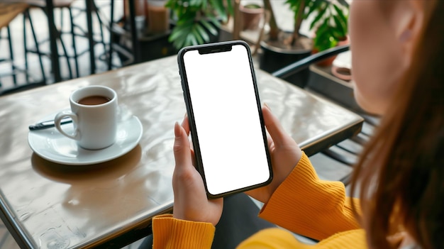 Vrouw zit aan tafel met een mobiele telefoon.