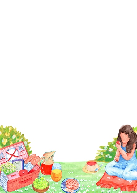 vrouw zit en eet fruit bij een picknick in de tuin Verticaal frame waterverf schilderij met de hand getekend