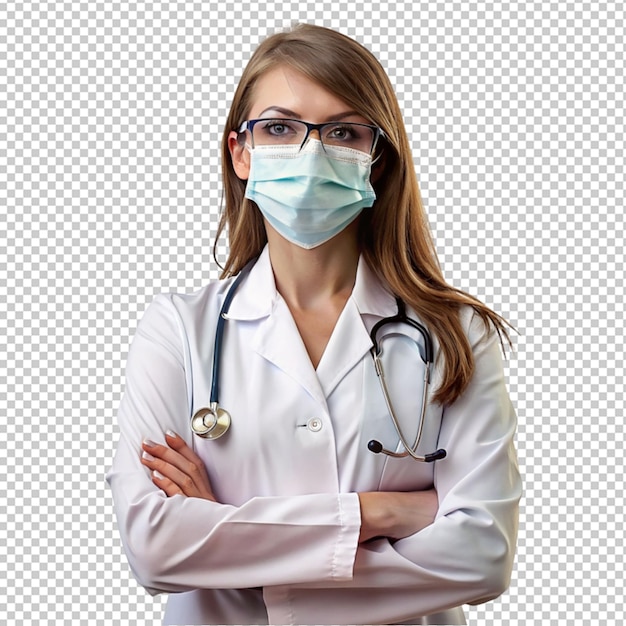 Vrouwelijke arts met een medisch masker op een doorzichtige achtergrond