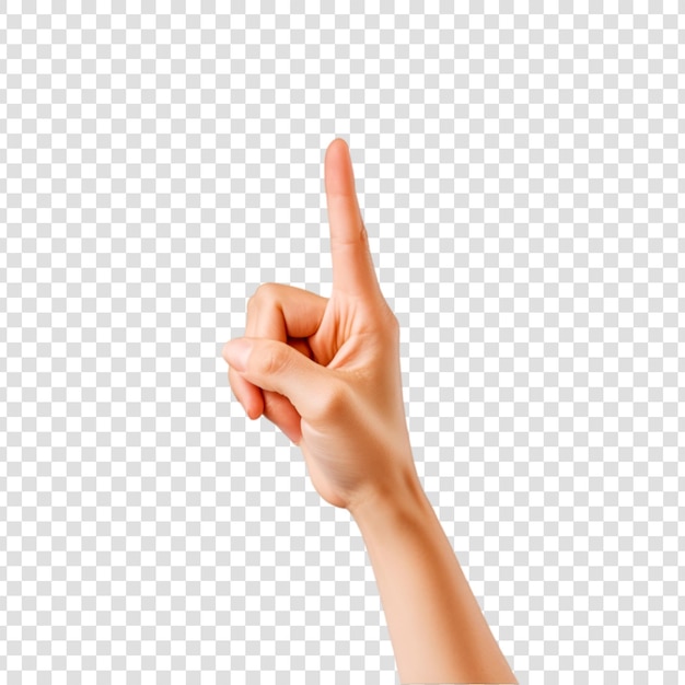 Vrouwelijke hand die naar boven wijst, geïsoleerd op een doorzichtige achtergrond