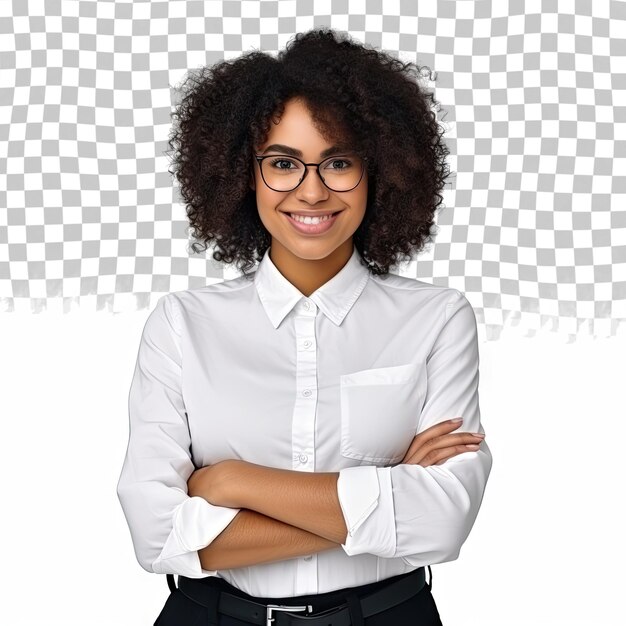 PSD vrouwelijke ondernemer afro business girl glimlachend voor de camera met de handen gekruist op transparante studio achtergrond