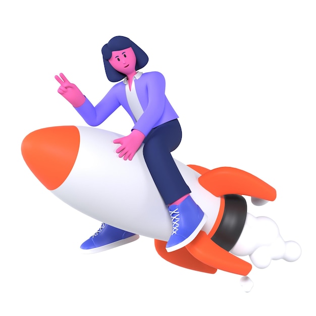 Vrouwelijke riding rocket business pose 3d