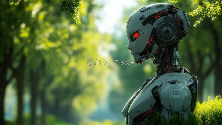 PSD vrouwelijke robot in het bos serene natuurscene