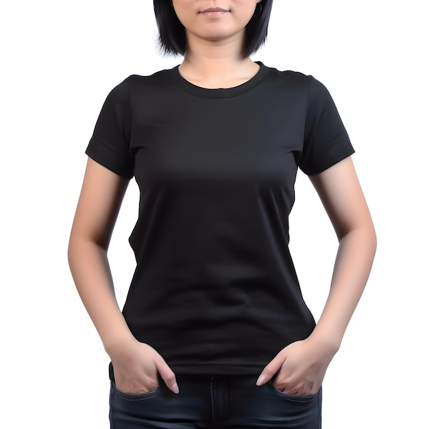 Vrouwen in een wit zwart t-shirt geïsoleerd op een witte achtergrond met een knippad