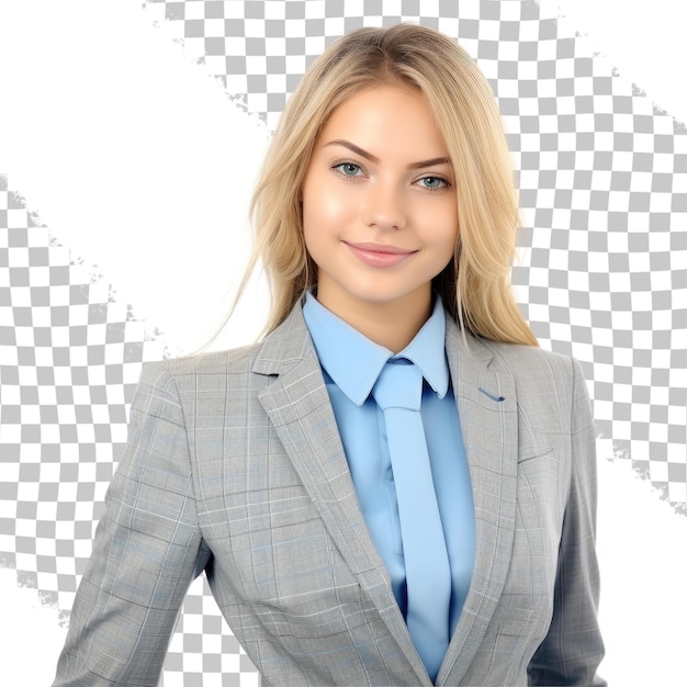 PSD vrouwen in het bedrijfsleven natuurlijk portret van een jonge zelfverzekerde blanke zakenvrouw in blauw gekleurd pak die poseert tegen een transparante horizontale beeldcompositie geïsoleerd op een transparante achtergrond