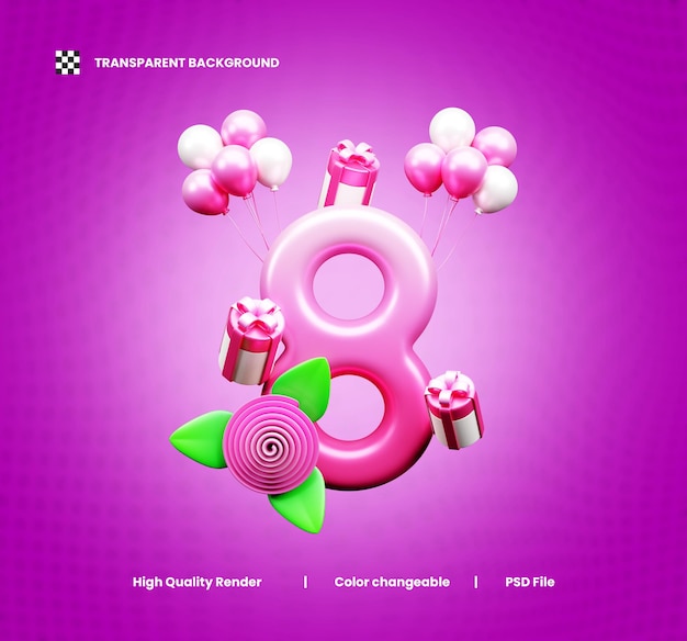 Vrouwendag met decoratieve 8 maart 3d tekst of vrouwendag decoratieve tekst 3d render