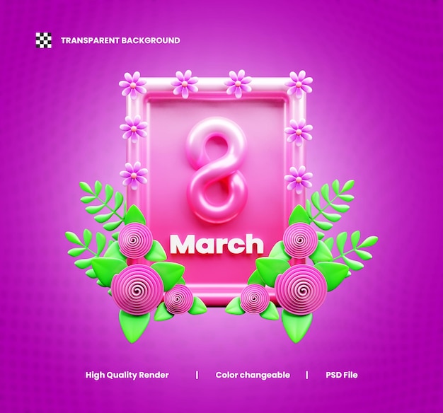 Vrouwendag viering decoratieve frame 3d compositie of vrouwendag bloemen frame 3d render