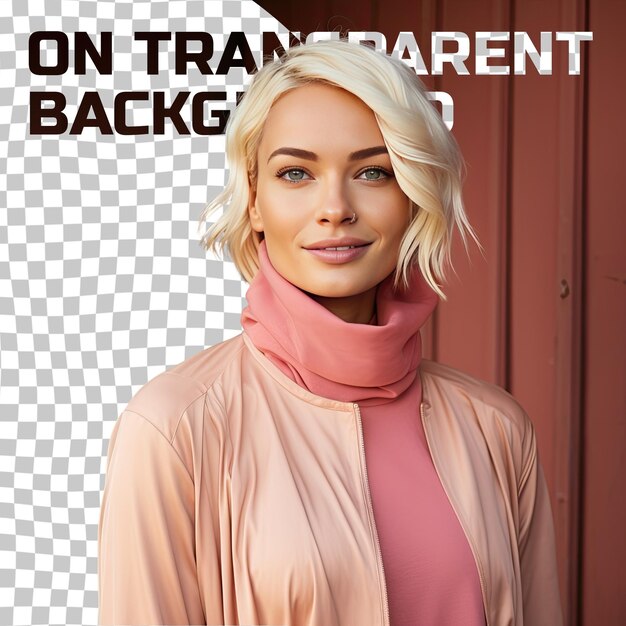 PSD a vulnerable adult woman with blonde hair from the middle eastern ethnicity dressed in photographer attire poses in a back to camera with turned head style against a pastel coral background