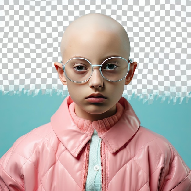 PSD a vulnerable child girl with bald hair from the southeast asian ethnicity dressed in choreographer attire poses in a focused gaze with glasses style against a pastel sky blue background