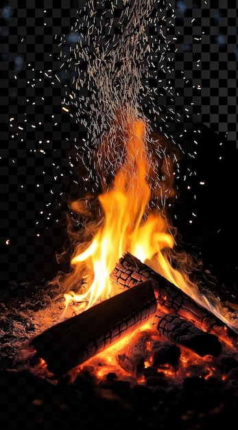 Vuur brandt in de nacht met vonken op een doorzichtige achtergrond.
