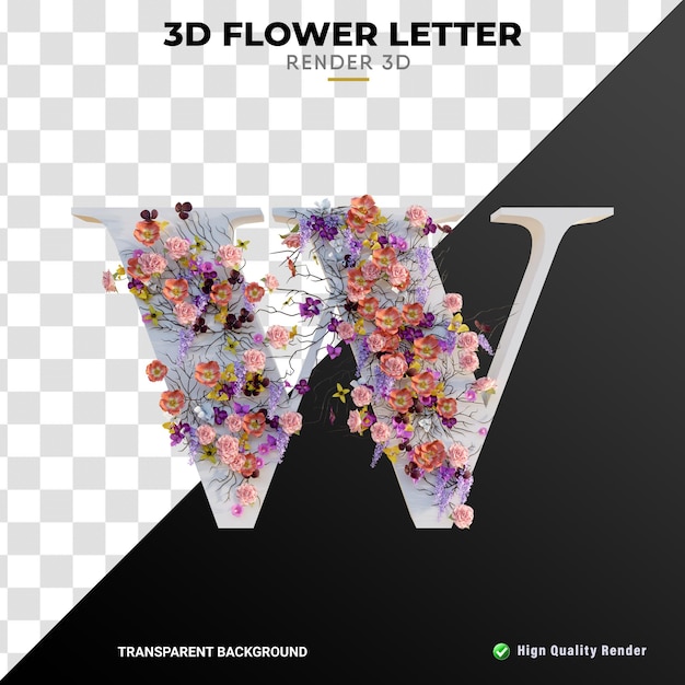 W 文字 3 d 花と葉高品質現実的なレンダリング ホワイト テクスチャ