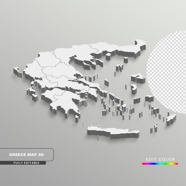 PSD w pełni edytowalna 3d izometryczna biała mapa grecji z państwami lub prowincją w białym, izolowanym tle.