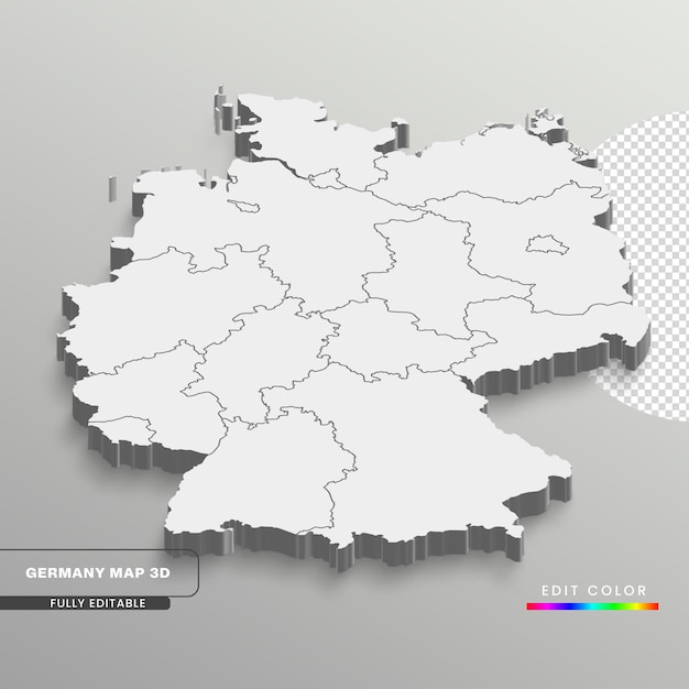 PSD w pełni edytowalna 3d izometryczna biała mapa niemiec z państwami lub prowincją w białym, izolowanym tle.