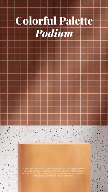 W portretowym brązowym płytkowym i terrazzo ścianie 3D renderowanie pustej makiety żółty cylinder podium