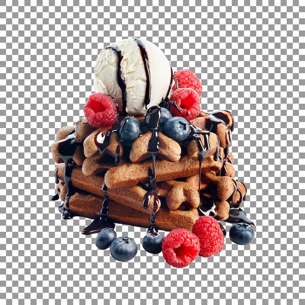 Una cialda con frutti di bosco e una pallina di gelato alla vaniglia su sfondo trasparente