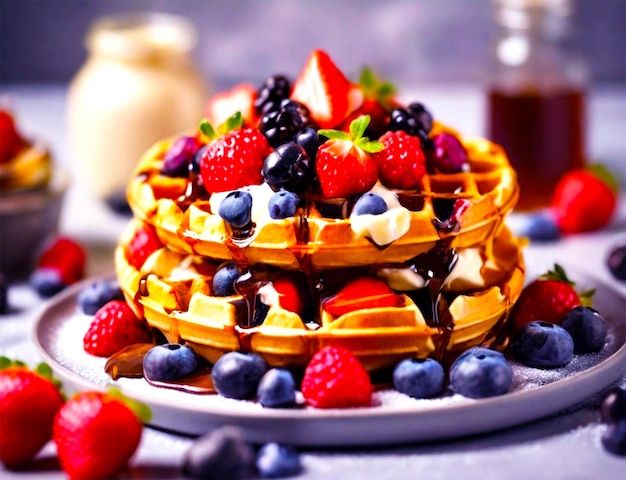 A waffle with berries and whipped cream sits on a table