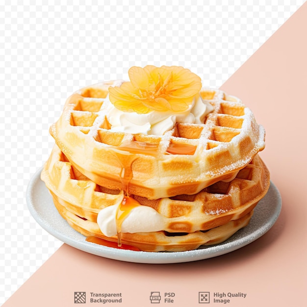 Waffles with a waffle on a plate with a picture of a flower on it.