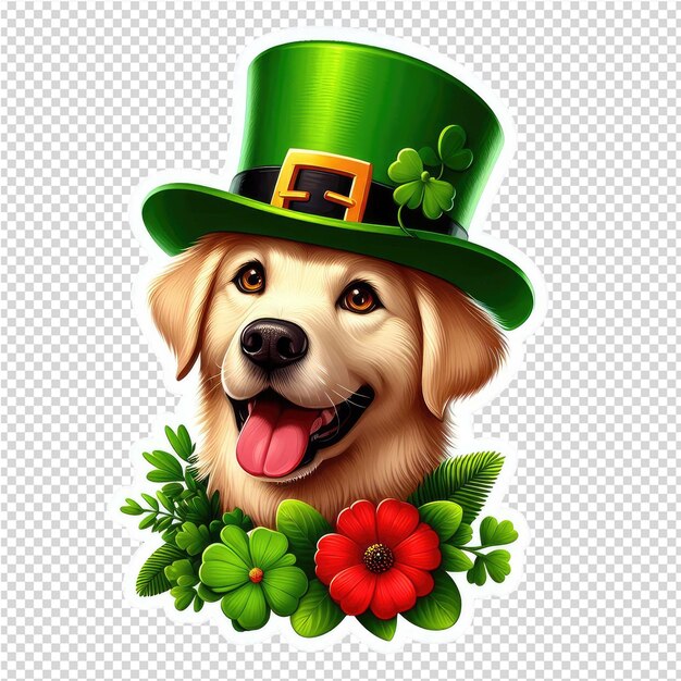 Cane giocoso con un adesivo per cappello di leprechaun