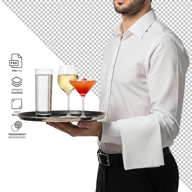 飲み物 の トレイ を 持っ て いる ウェイトレス