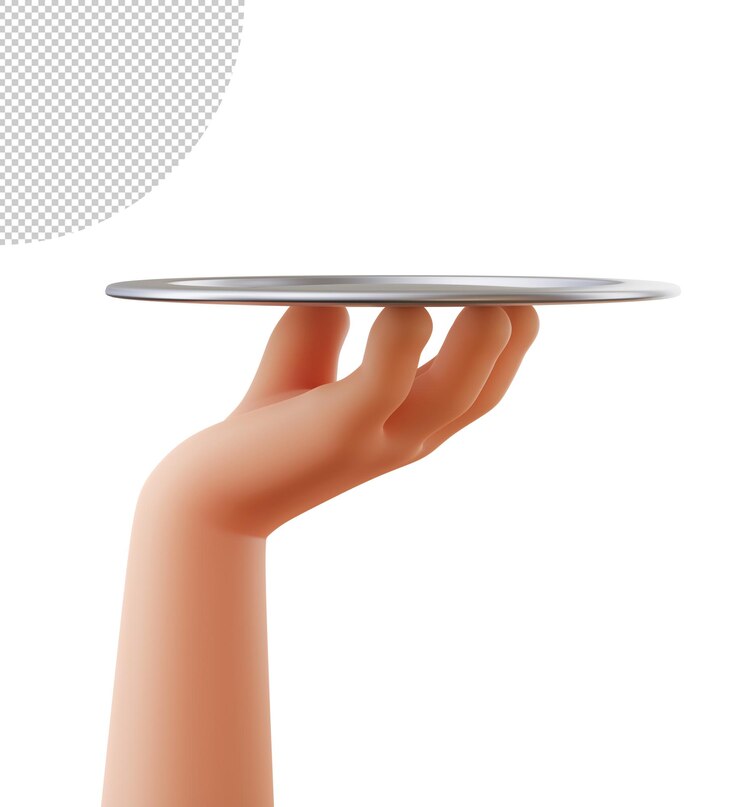 PSD waiter tray platter holding by cartoon hand on white round metal silver dish advertisment template