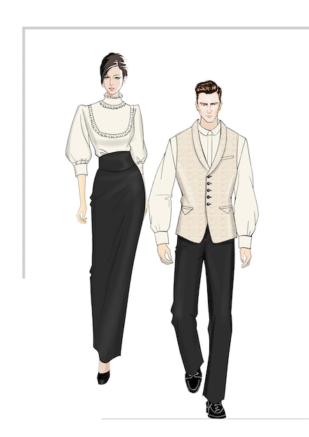 Waiter waitress fashion suit cloth restaurant uniform food style character design