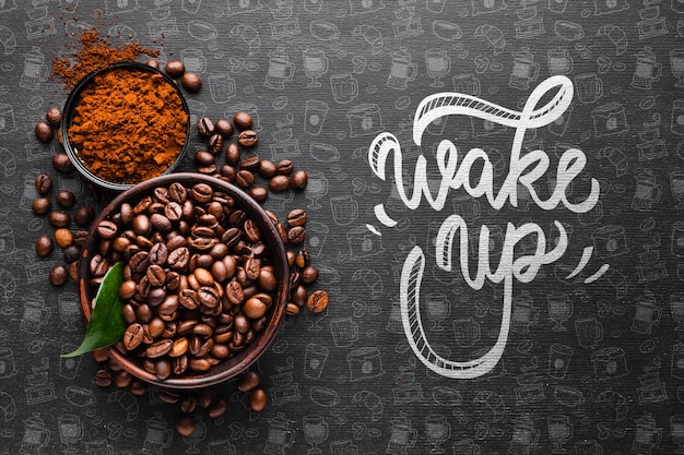 Wake up background with bowl full of coffee beans