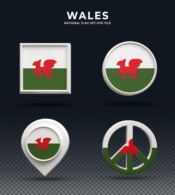 PSD wales flag 3d rendering dome button and on glossy base