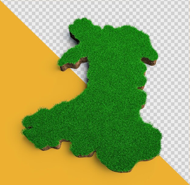 Wales map soil land geology cross section with green grass and rock ground texture 3d illustration