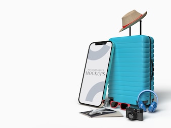 Walizka z akcesoriami podróżniczymi niezbędnymi przedmiotami wakacyjnymi z makieta smartfona