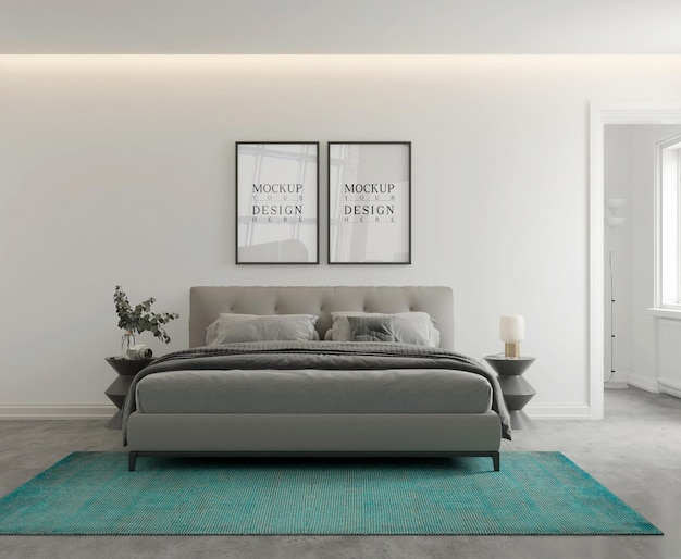 현대 단색 침실 3d 렌더링의 벽 및 포스터 모형