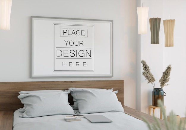 Wall art canvas or picture frame mockup interior in a bedroom