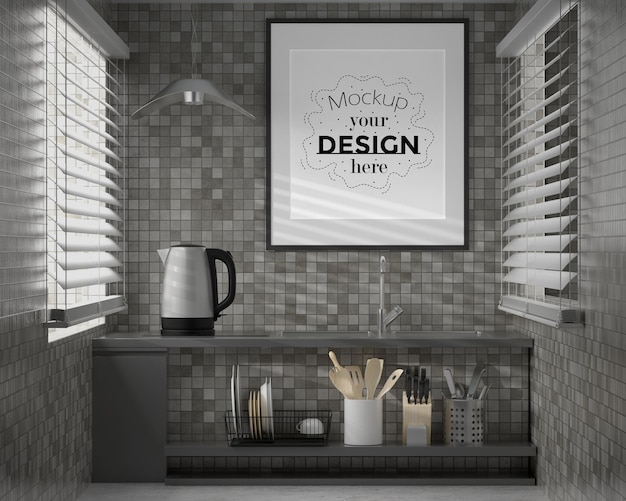 Wall art or picture frame mockup on kitchen room interior