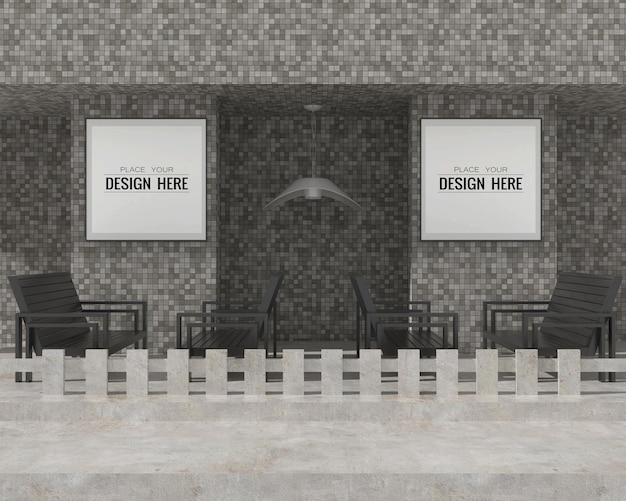 wall art or picture frame mockup in terrace with benches