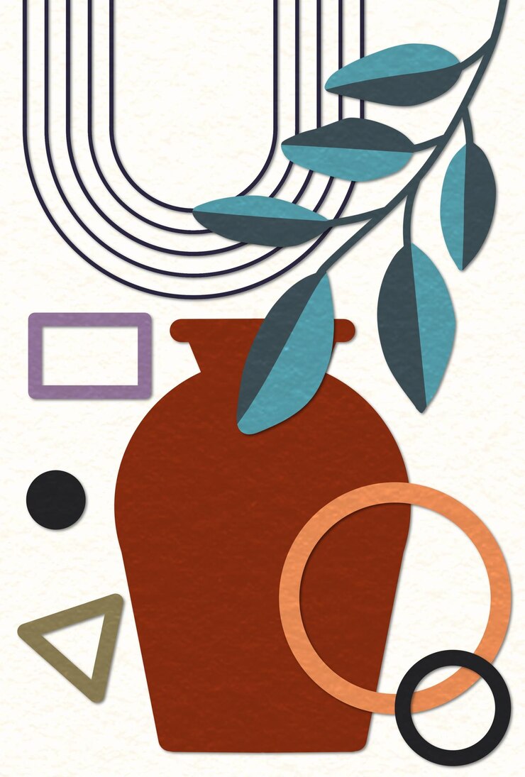 PSD wall art with vase illustrations and abstract geometric shapes and leaf silhouettes