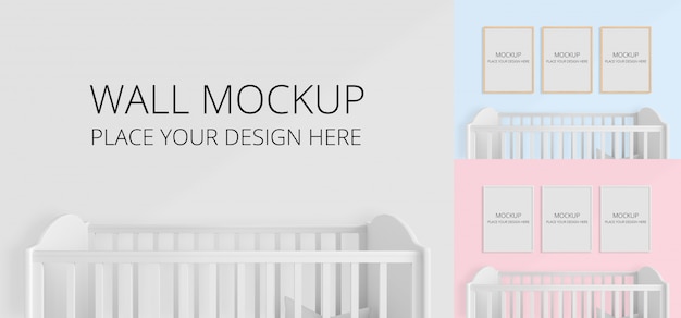 PSD wall and blank photo frame for mockup in child bedroom