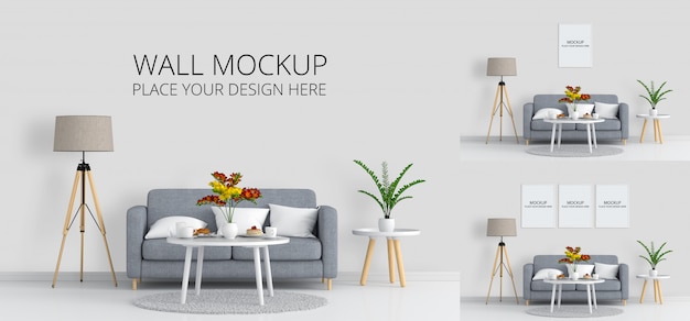 PSD wall and blank photo frame for mockup in living room