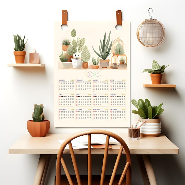 PSD wall calendar mockup with plant