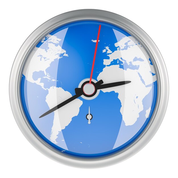wall clock with earth map texture 3d rendering isolated on transparent background