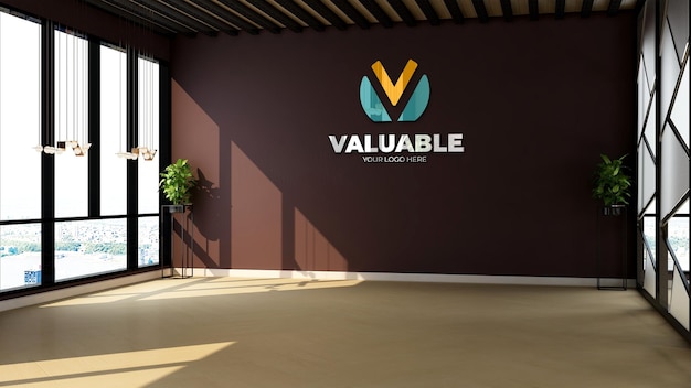 브랜딩 로고를 위한 검은색 벽에 있는 벽 회사 로고 모형