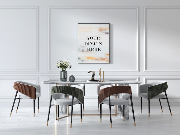 Wall frame mockup in art deco style living room with luxury marble table and suede chairs