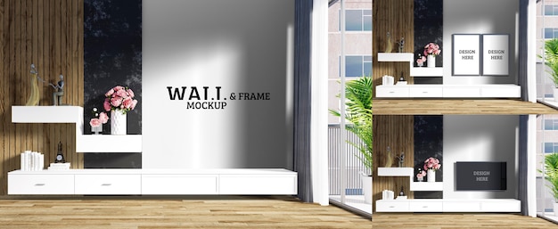 Wall and frame mockup - il soggiorno ha un mobile tv bianco