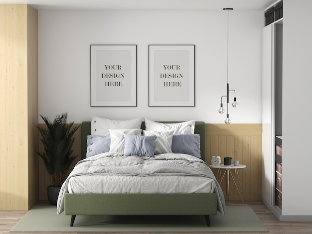 PSD wall frame mockup in a loft style bedroom