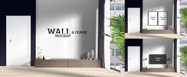 PSD wall and frame mockup - modern living room has a simple tv cabinet